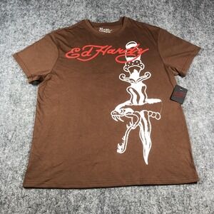 Ed Hardy Shirt Mens Large Brown Graphic Tattoo Snake Dagger Japan EHHIT11001